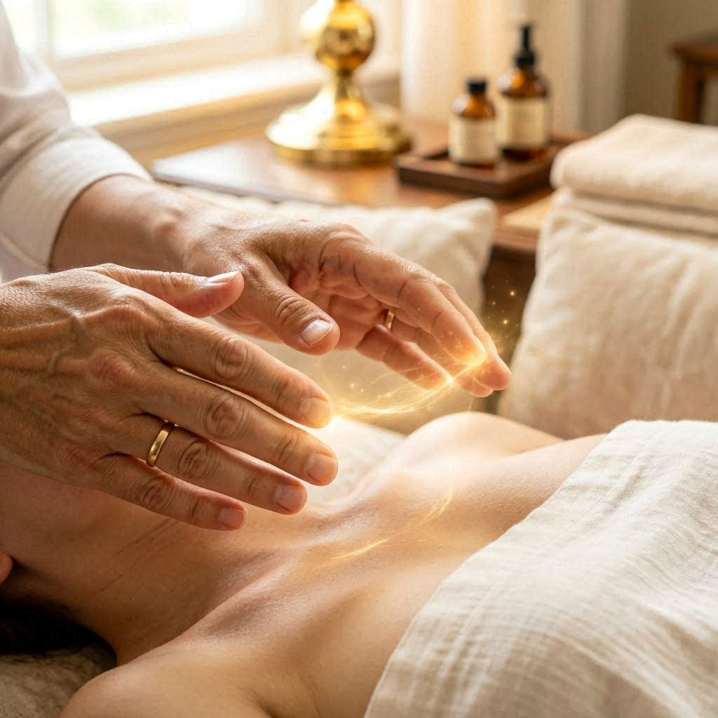 Sessão de Reiki Tradicional Usui - Imposição profissional de mãos com fluxo de aura dourada sutil conectando terapeuta e paciente